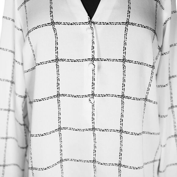 Express Women's Blouse White Black Plaid V-Neck Half Button Down Keyhole Top M - Picture 5 of 11